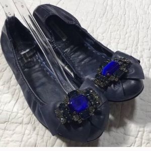 Miu Miu Blue Leather Rhinestone Bow Ballet Flats